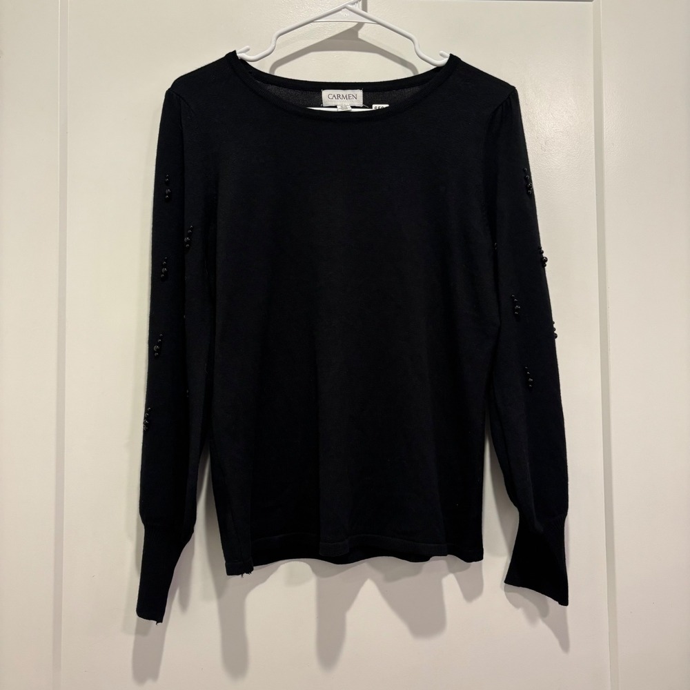 Carmen Marc Valvo Black Beaded Sleeve Knit Sweater Womens Medium